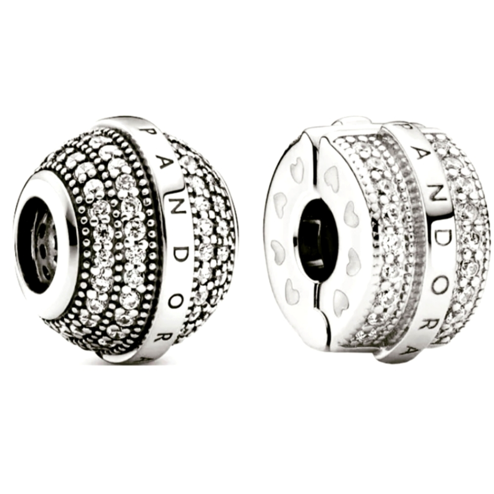 PAIR of authentic Pandora charm and clip " Pave lines logo "